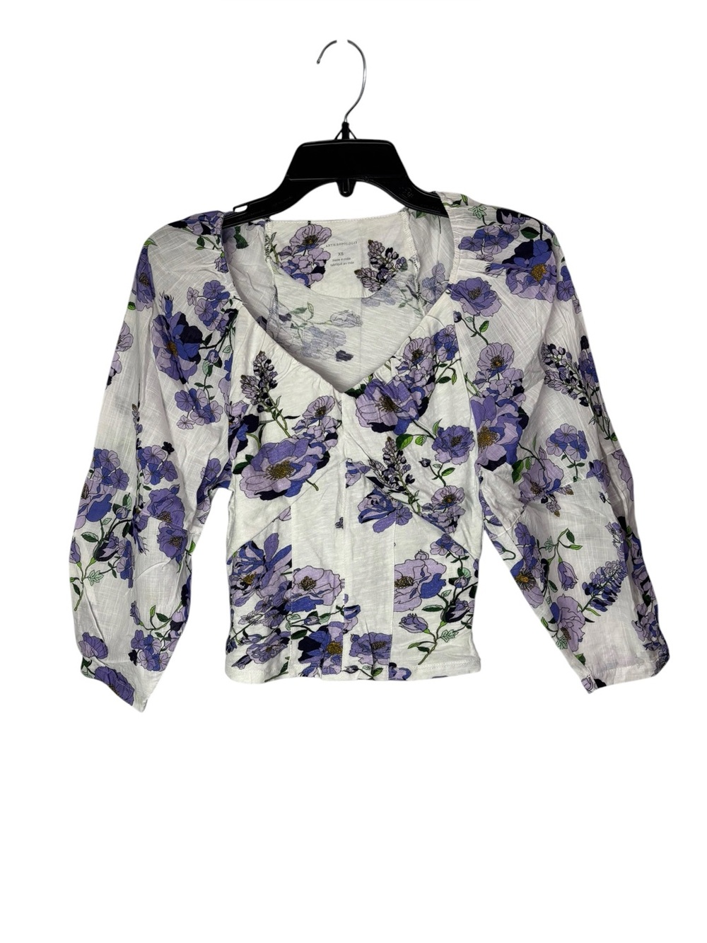 Anthropologie V-neck Ruched Knit Top white purple floral size XS